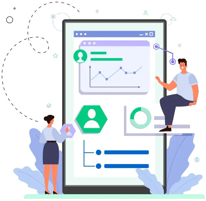 Illustration von zwei Personen, die mit einem übergroßen Smartphone interagieren, auf dem Analyse-Diagramme, Nutzerprofile und Statistiken angezeigt werden – Fokus auf digitales Marketing und Datenvisualisierung.