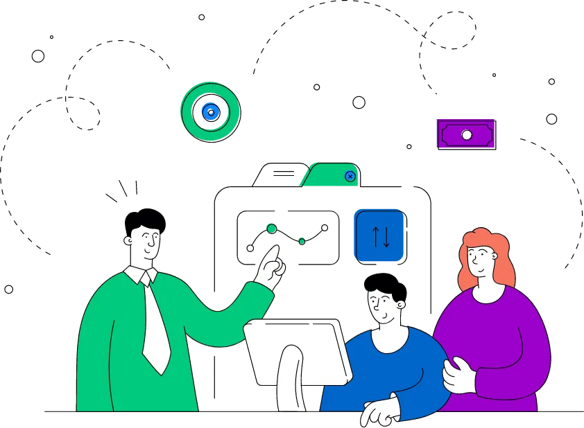 Illustration von drei Personen vor einem Computerbildschirm, die gemeinsam eine Marketing-Strategie analysieren; Symbole für Datenanalyse, Sichtbarkeit und Online-Werbung im Hintergrund.