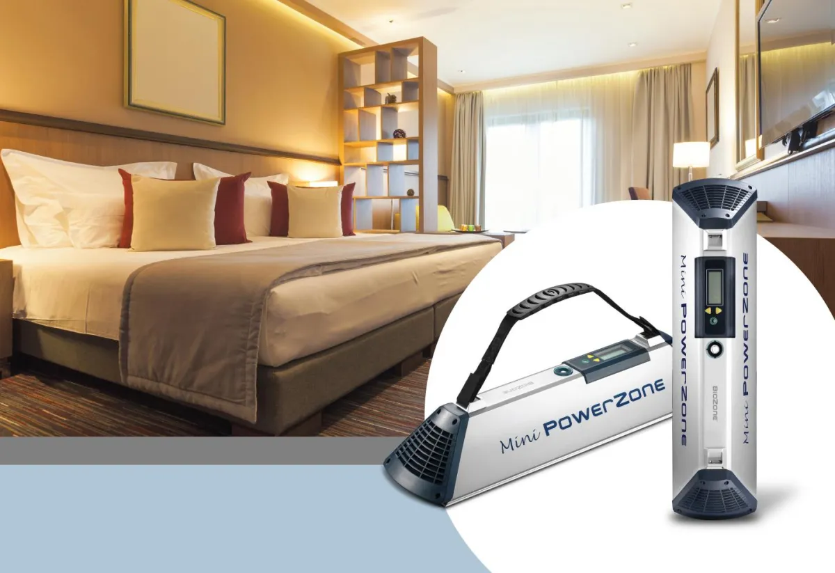 Image showcasing the Mini PowerZone product range series designed for commercial use. The Mini PowerZone is one of our most popular products in the hospitality industry, ideal for areas that require quick and efficient treatment. It is commonly used in hotel guest rooms as part of housekeeping tools, newly-renovated spaces, and areas affected by sudden air pollution due to accidents. The Mini PowerZone is completely automated and chemical-free, does not use consumables like fragrance-dispensers or batteries, and is maintenance-free with a simple annual UV lamp replacement. It can be easily mounted on a ceiling or wall using the included mounting kit and can be installed on mains or a wall plug. The Mini PowerZone is also resistant to vandalism. Partial applications include heavily contaminated areas such as refuse rooms, grease traps, industrial sites, and hotel guest rooms as part of housekeeping tools. This highlights the company's image as a promoter of the Green Initiative