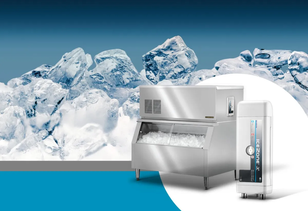 Image showcasing the IceZone product range series designed for ice making machines. IceZone is a cleaning solution that effectively eliminates microbes on every surface the ice comes in contact with, including the ice production area, storage bin, and beverage dispenser. It kills flu and other viruses, prevents the formation of slime, mould, and yeast, and controls bacteria in hard-to-reach areas that are difficult to clean. IceZone ensures pure, clean, and odorless ice for your customers every time. It has won the Kitchen Innovations Award and works with all ice machines, extending the life and uptime of the equipment