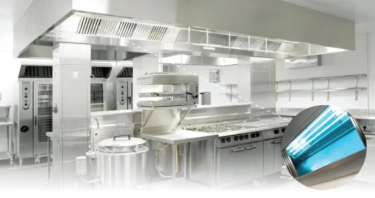 "Image showcasing a commercial kitchen environment. The image represents the OGR® Series, which stands for Odour Grease Removal, specifically designed for commercial kitchen emission systems. The OGR® Series efficiently decomposes oil, grease, and other chemical contaminants, as well as unpleasant odors generated during the cooking process. It reduces maintenance costs for kitchen hoods and ventilation systems, minimizes fire risks, saves time on manual cleaning, reduces food odor emissions, works with every kitchen hood and duct combination, and meets low-altitude emission standards