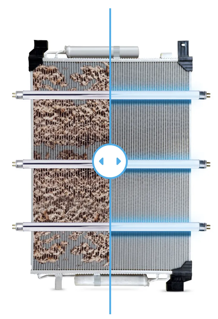 Image showing the effectiveness of BioZone®'s chemical-free cleaning solution in disinfecting cooling coils and preventing the buildup of biofilm and other micro-contaminants