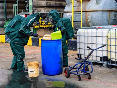 Image showing two individuals in PPE kits cleaning hazardous chemical gases commonly found in household, kitchen, and office waste. Accompanying text highlights potential health risks including eye, respiratory, and nervous system effects from exposure to these gases