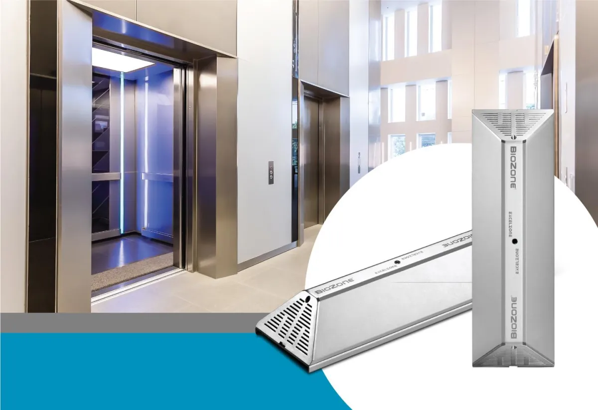 Image showcasing the ExcelZone product range series, designed to enhance the elevator experience. The ExcelZone® Series effectively improves air quality in elevators by eliminating unpleasant odors and killing micro-organisms. It can also be extended to other areas like manager's rooms, addressing specific site conditions. The ExcelZone® Series eliminates airborne and surface micro-organisms without producing secondary contamination. It reduces maintenance costs, increases usable floor space, and effectively filters particulate matter such as dust, smoke, and particles. Partial applications include elevators of all specifications and small manager's offices