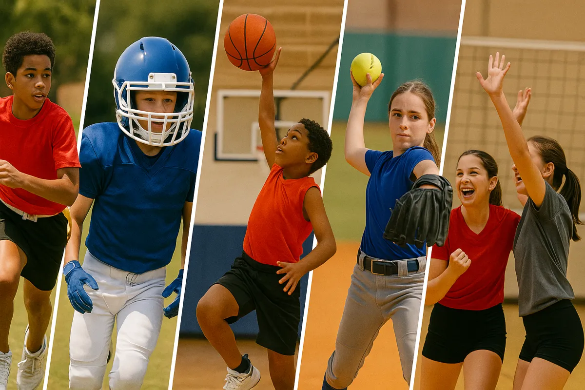 A dynamic photo collage showcasing diverse kids (ages 8-14) playing the five DCCS sports: a child running with a flag, a tackle player in a clean uniform, a basketball lay-up, a girl pitching a softball, and kids celebrating a volleyball point. Use bright, natural sunlight on a North Dallas field/court. Emphasize fun, positive action, and high-quality equipment.
