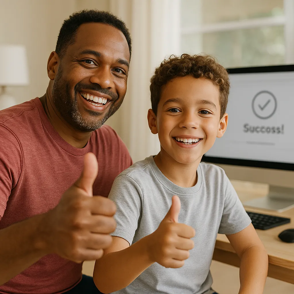A bright, clear, close-up shot of a parent and a child (around age 8-10) sitting together at a computer, both smiling and giving a thumbs-up gesture. The computer screen should be blurred but suggests a successful sign-up confirmation page. The scene should feel like a cozy North Dallas home setting. Focus on ease, family bonding, and positive excitement about the upcoming season.