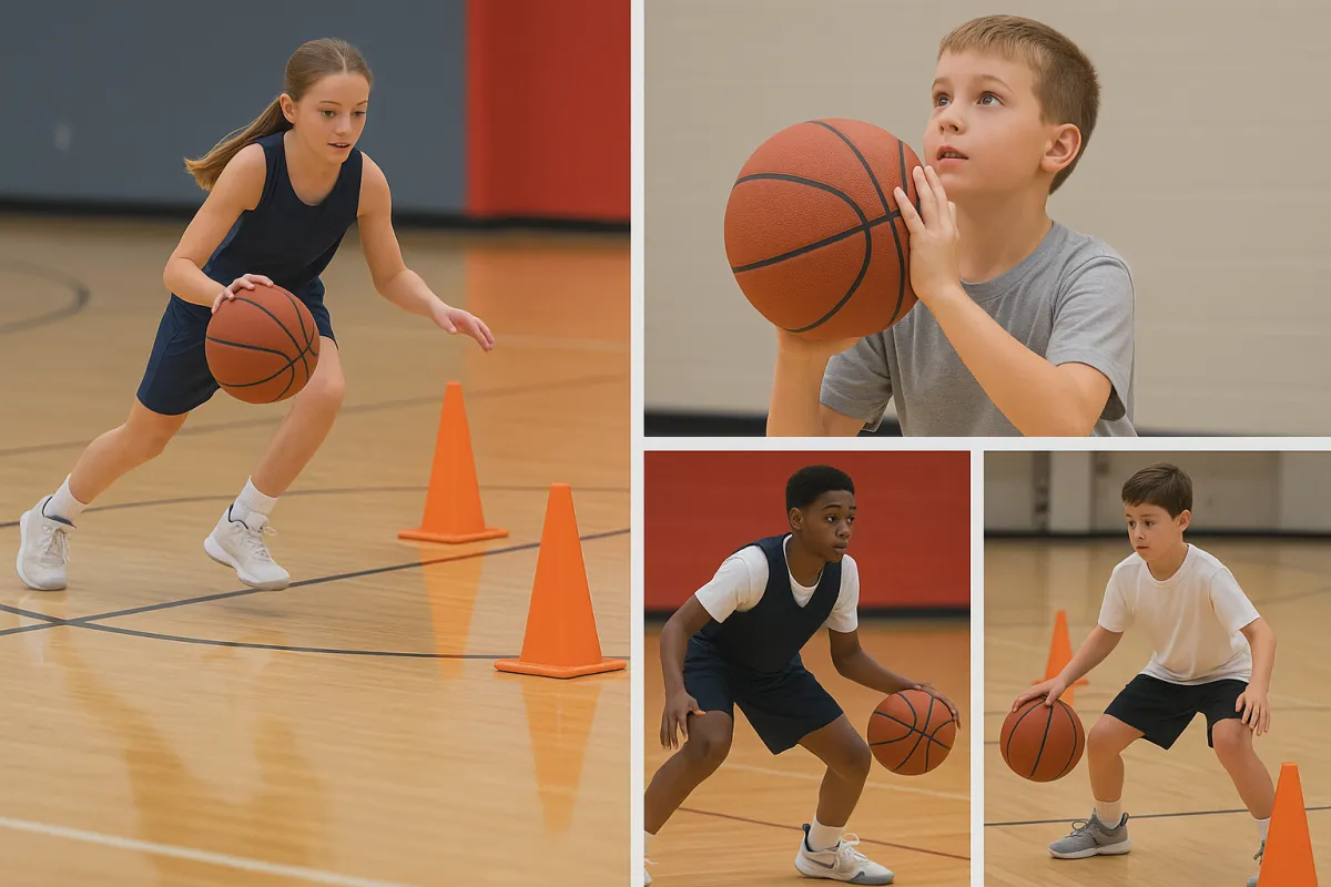 A color collage of young basketball players aged 6–16 practicing in a gym. The photos show diverse children dribbling through cones, preparing to shoot, and doing defensive drills on a polished wooden court with red and blue gym walls, highlighting teamwork, focus, and athletic development.