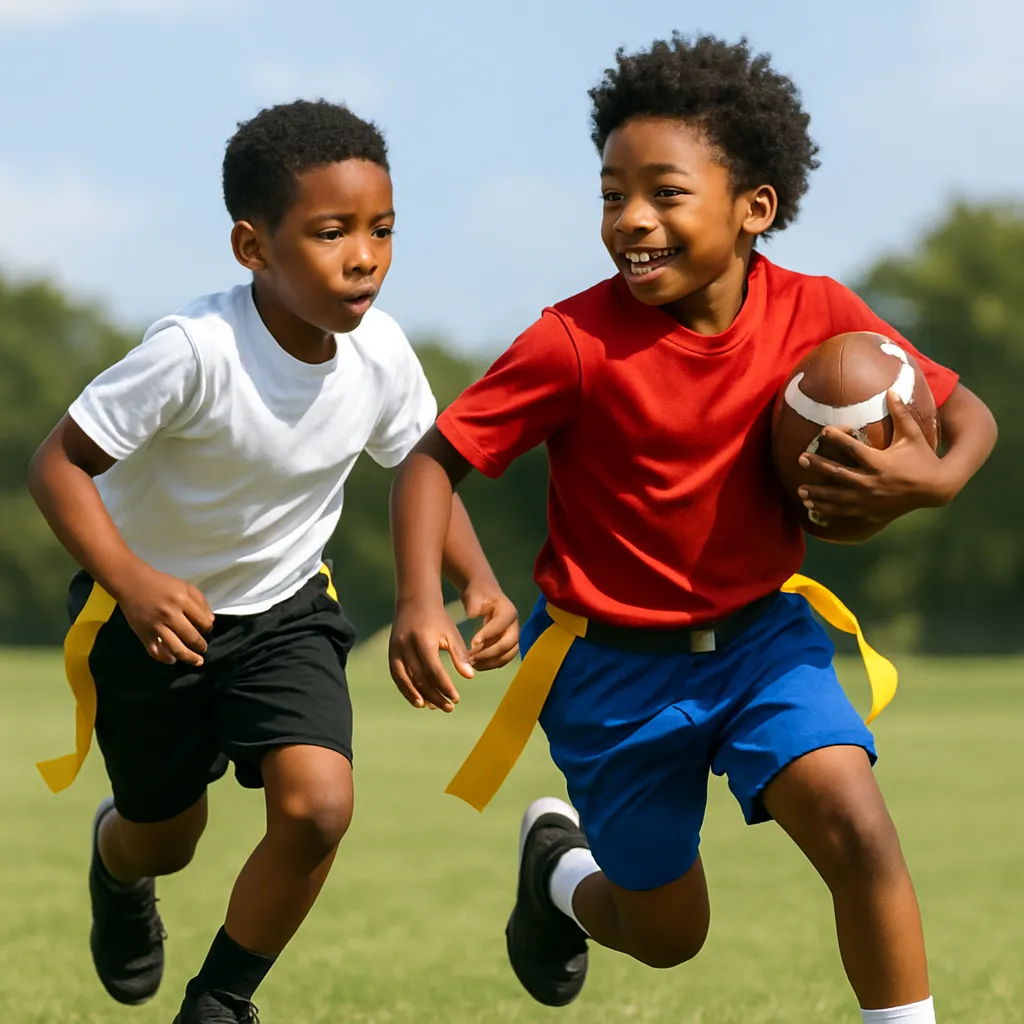 Two young African American boys playing flag football on a sunny grass field, one running with the ball while the other reaches for his flag.