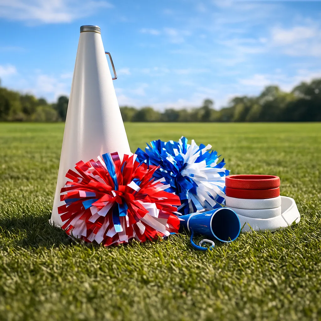 Cheerleading gear including red and white pom-poms, a white megaphone, and a red and white bow resting on a bright green grass field under a sunny blue sky.