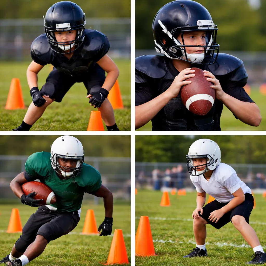 A color collage of young basketball players aged 6–16 practicing in a gym. The photos show diverse children dribbling through cones, preparing to shoot, and doing defensive drills on a polished wooden court with red and blue gym walls, highlighting teamwork, focus, and athletic development.