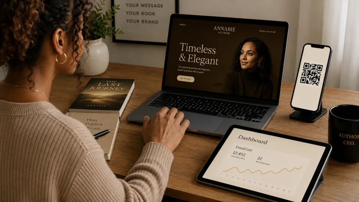 Composite digital system showing author website, CRM dashboard, and QR code bookmark