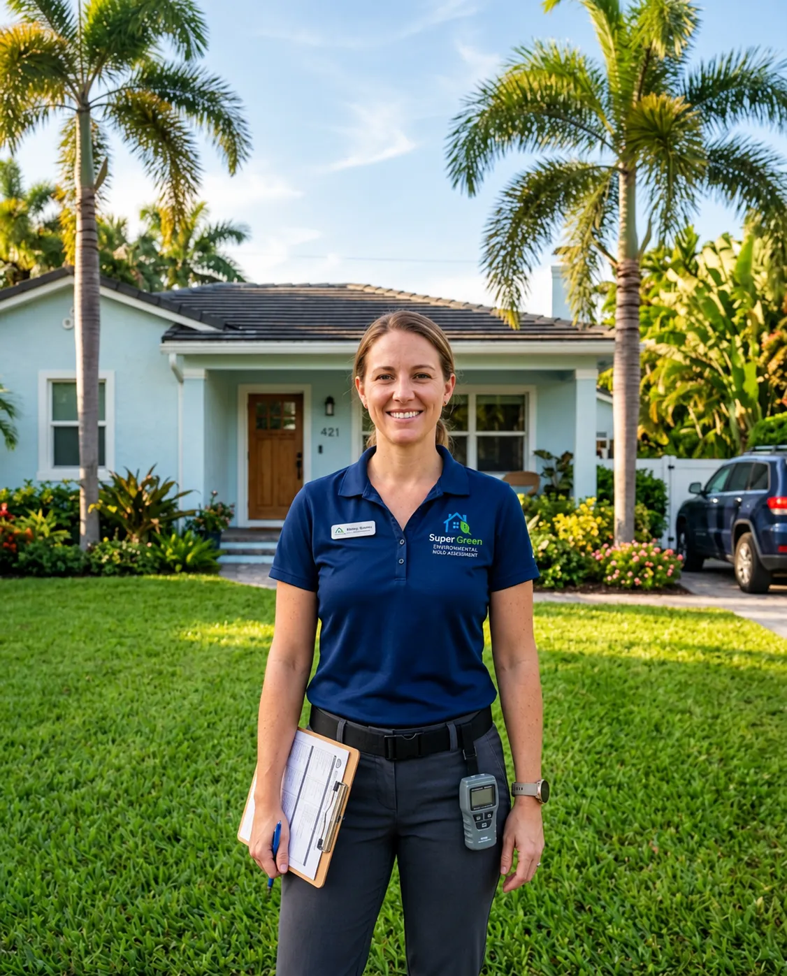 Friendly professional property inspector evaluating indoor air quality and moisture in a bright South Florida residential living room
