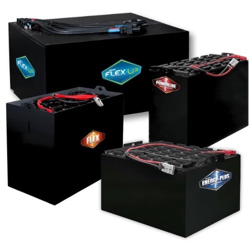 Hawker forklift batteries including Flex Li 3, Flex TPPL, Powerline, and Energy Plus for industrial power solutions.