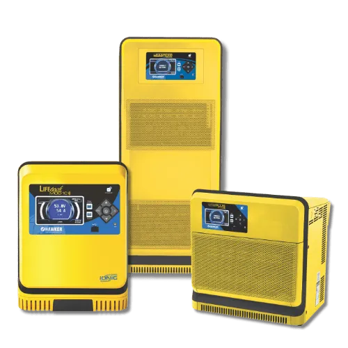 hree Hawker forklift battery chargers designed for efficient warehouse energy management