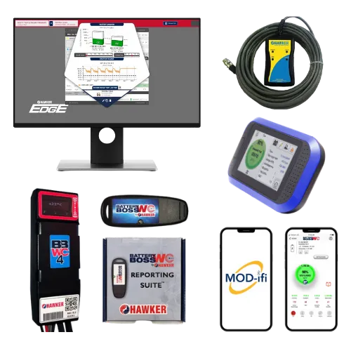 Hawker battery accessories including Battery Boss, Edge Power Study software, and Modifi app for optimized fleet performance.