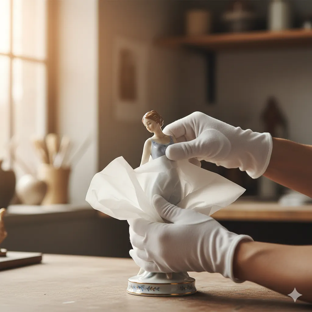 Pctue of white gloved hands gently wrapping a small porcelain figurine.