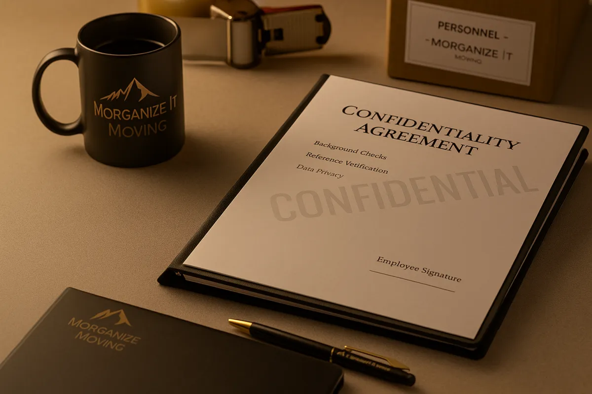 Picture of office desk with a binder with confidentiality agreements.