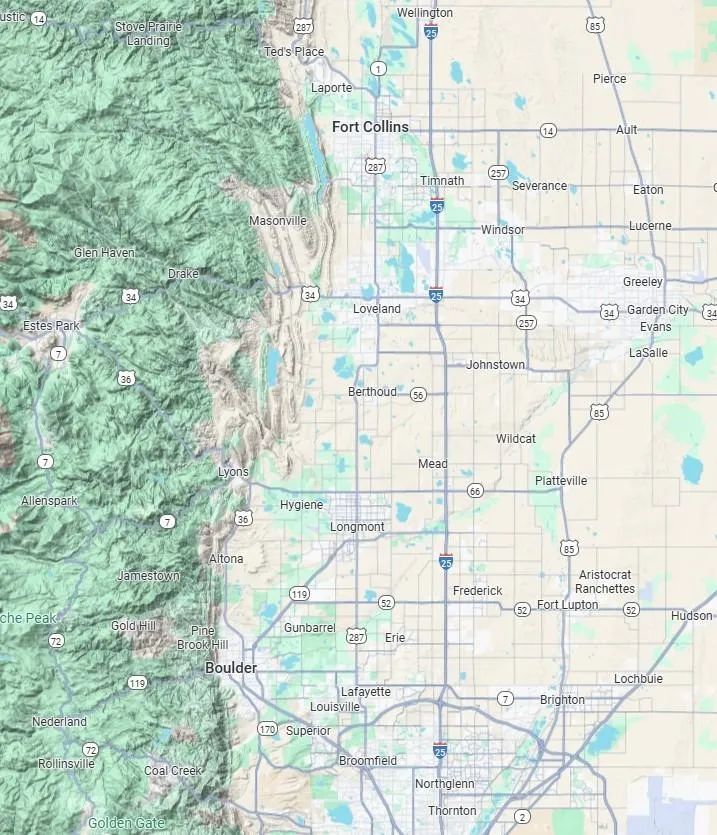Map of the Colorado front range, from north Denver to north of Fort Collins.