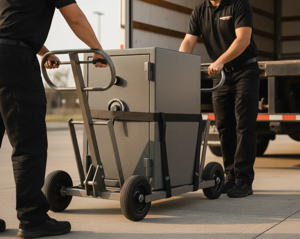 specialized dolly being used to carefully transport a bulky safe