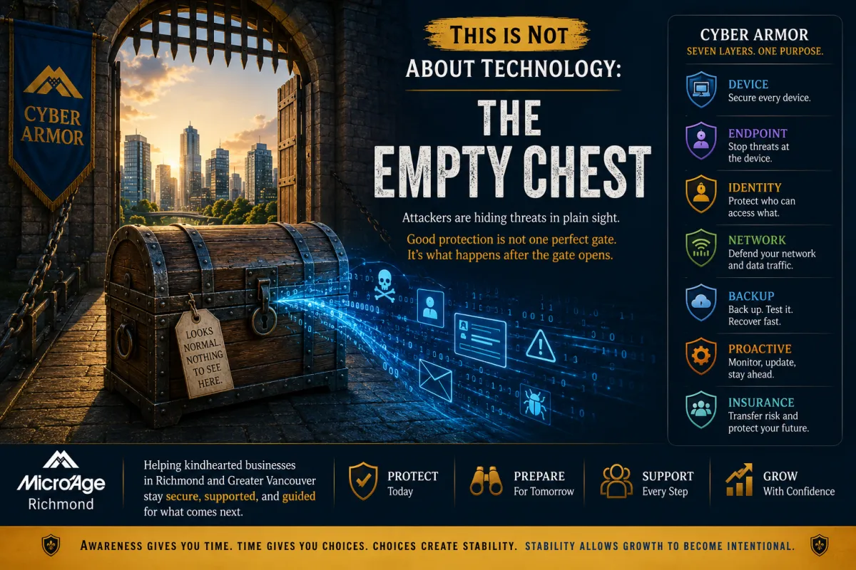 A wooden chest passing through a city gate before hidden digital threats emerge, illustrating why small businesses need multiple layers of Cyber Armor when one security layer misses something.