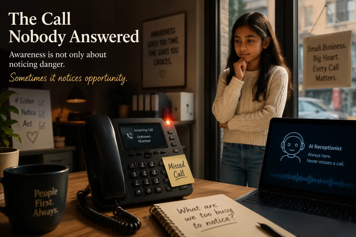 A young girl noticing a missed phone call in a small business office, illustrating how awareness can reveal opportunities for thoughtful AI and automation