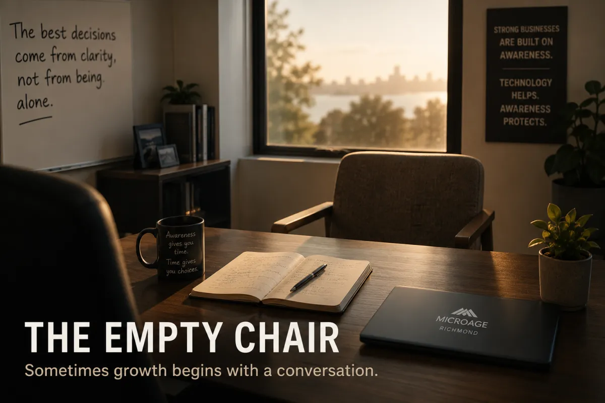 An empty chair across from a small-business owner, representing the value of having a trusted guide, mentor, coach, or advisor to help see the business differently.