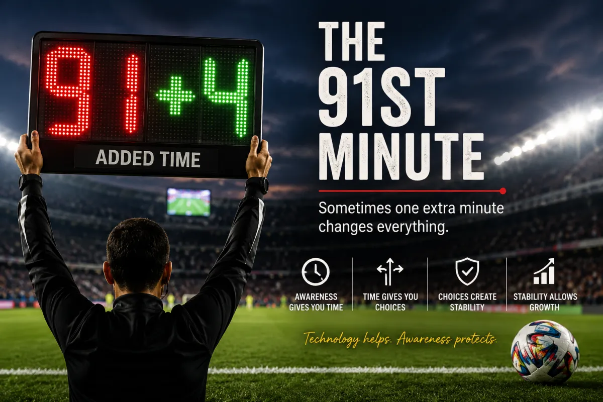 A football stadium during stoppage time with the scoreboard showing the 91st minute, symbolizing how awareness, teamwork, and one extra minute can change the outcome for a business.