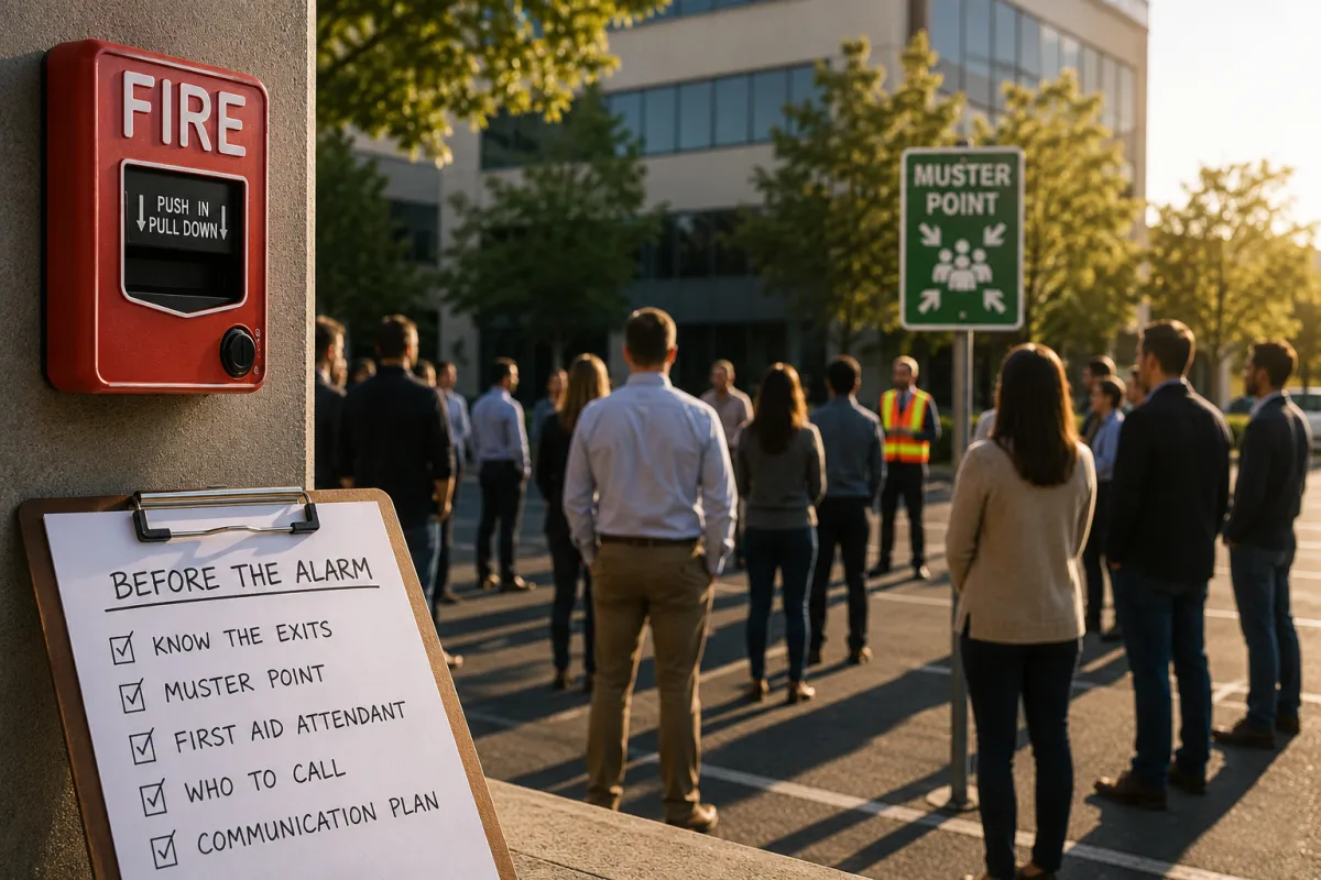 Employees gathered calmly at an office muster point during a fire drill, illustrating how preparation, clear roles, and awareness help businesses respond confidently before a crisis occurs.