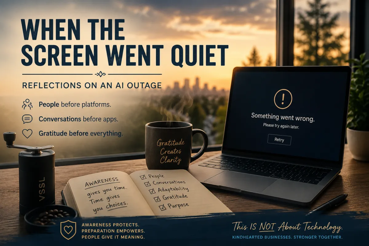 A quiet workspace with a laptop displaying an AI service outage, a freshly brewed cup of coffee, a VSSL coffee grinder, and a journal overlooking the evening sky, symbolizing gratitude, awareness, and finding clarity during unexpected interruptions.