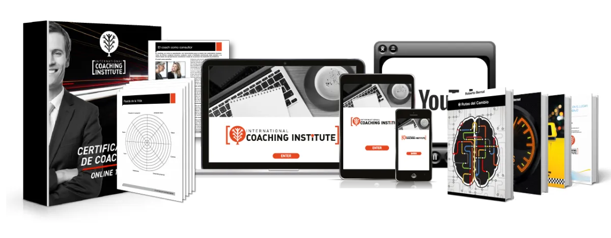 Imagen de los diferentes materiales que incluye la Certificación de Coaching Online.