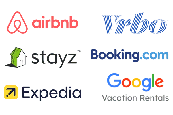 Airbnb, VRBO, Stayz, Booking.com, Expedia and Google Vacation Rentals logos showing platforms Property Player lists STR properties on