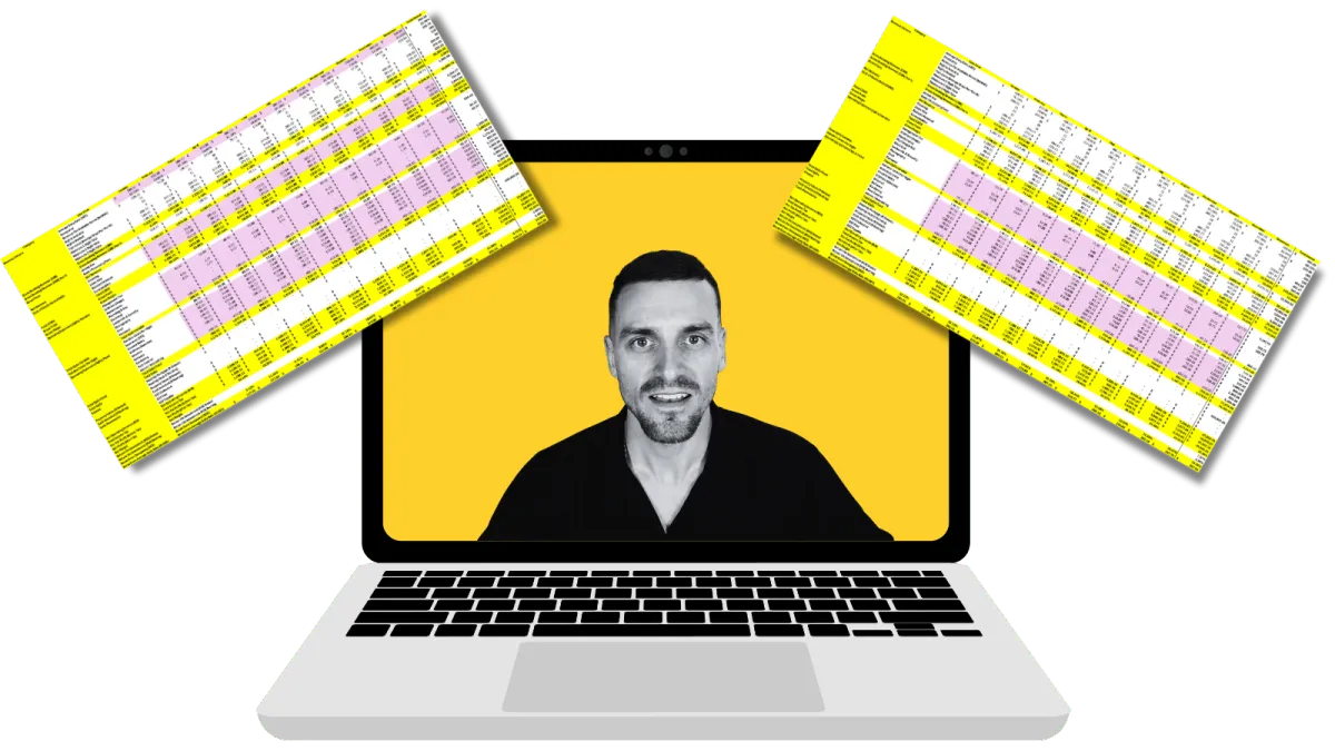 Mockup showing Property Player owner on a video call with Airbnb Profit Forecast spreadsheets on screen