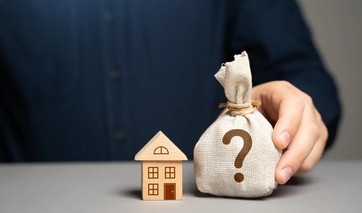 little wooden house next to a bag with a question mark