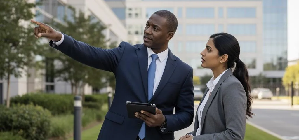 Security supervisor and client reviewing site perimeter plan outside a corporate office building in Nashville.