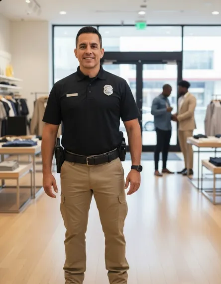 Security officer standing watch in a parking lot at sunset, providing visible deterrence and ensuring safety for employees and visitors.