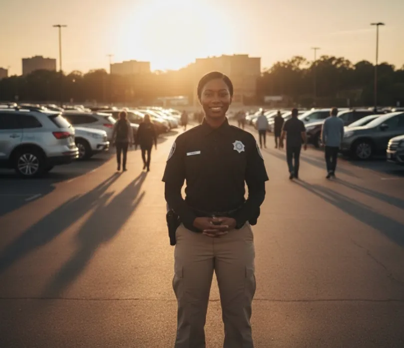 Security officer standing watch in a parking lot at sunset, providing visible deterrence and ensuring safety for employees and visitors.