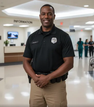 Security officer providing professional protection in a Nashville healthcare facility, ensuring safety for staff, patients, and visitors.