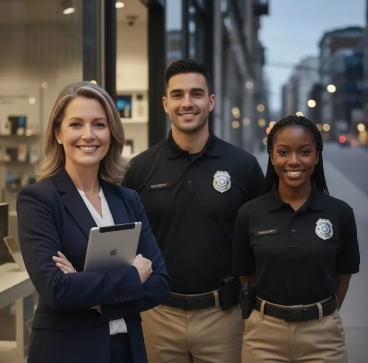 Business owner and professional guards standing outside a Nashville business, representing Absolute Protection Agency’s site-specific protection team.