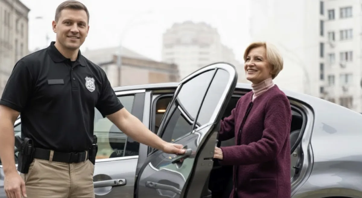 Executive protection agent assisting a client into a vehicle, providing discreet and professional security service.