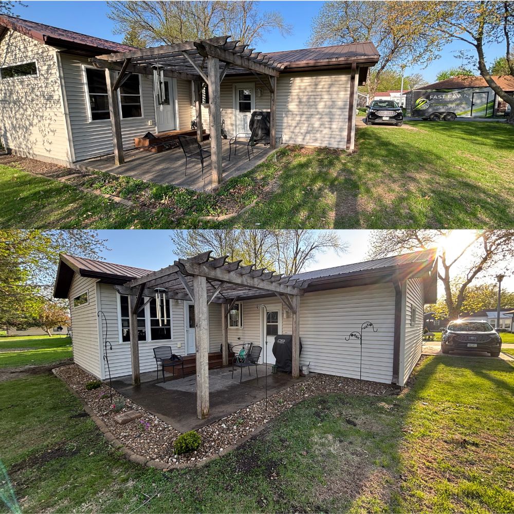Landscaping bed cleanup and rock installation in Washington IA showing before and after transformation