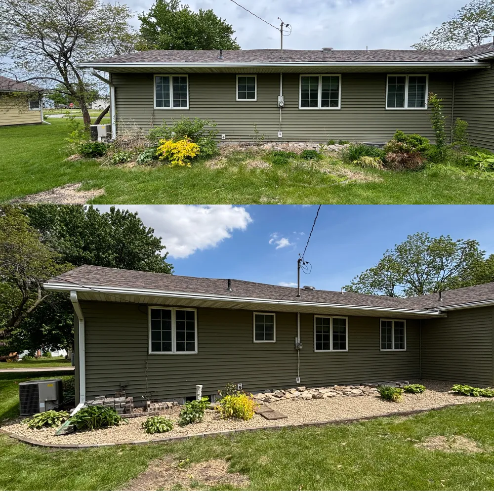 before and after backyard landscaping renovation with decorative rock and edging in Washington Iowa