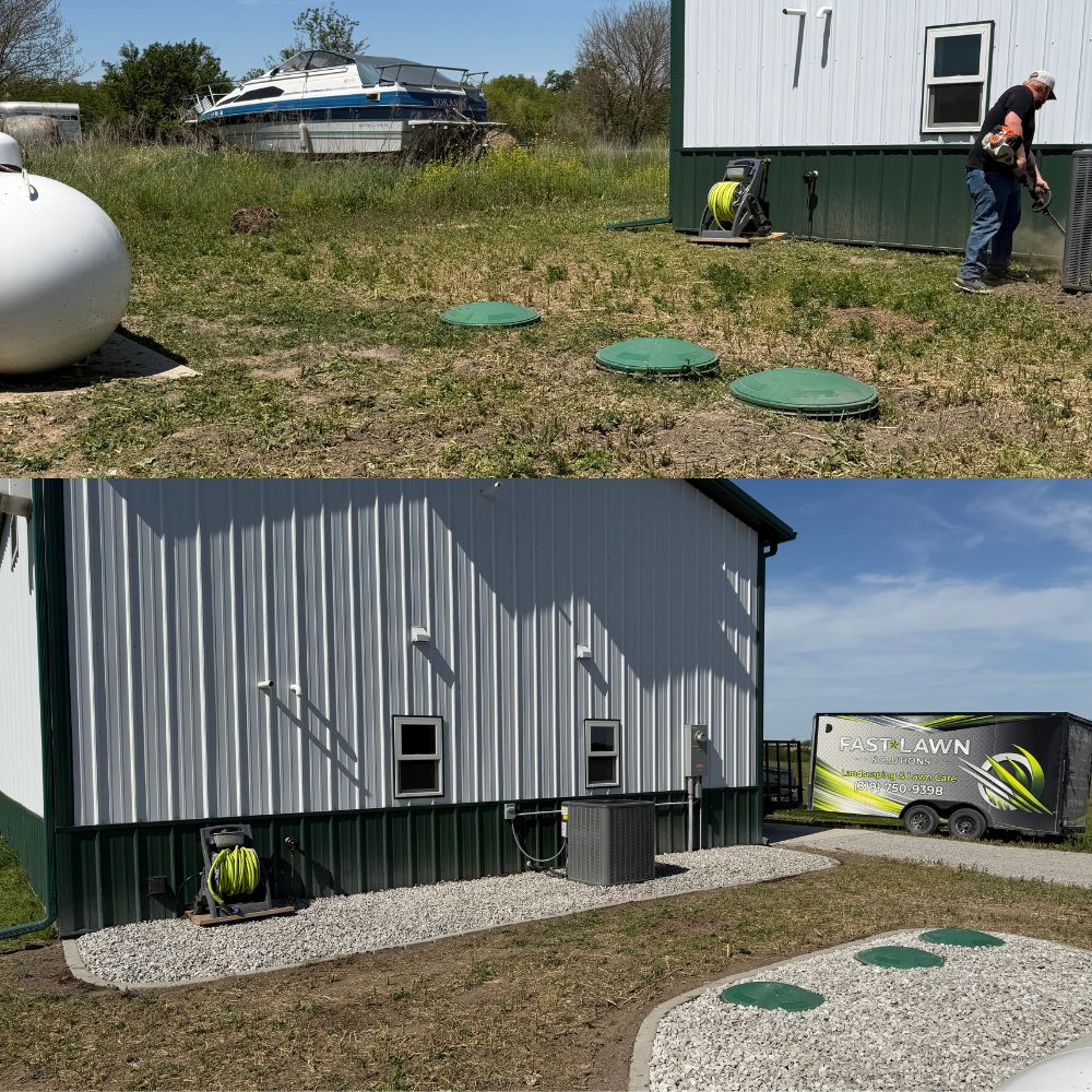 before and after decorative rock installation and landscape edging in Wayland Iowa by Fast Lawn Solutions