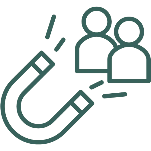 Icon of a magnet with people figures, symbolizing missed opportunities to attract clients.