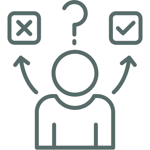 Icon of a confused person surrounded by question marks, symbolizing the lack of direction in business.