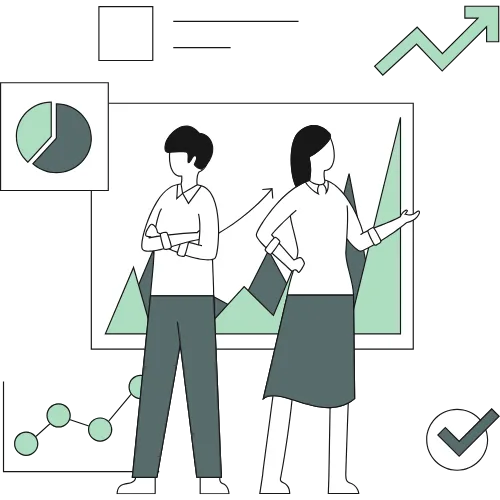 Illustration of two professionals presenting charts and data, representing expert-led, hands-on business workshops.