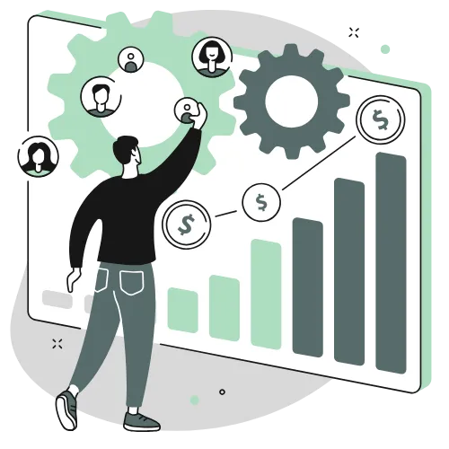 Illustration of a person analyzing a growth chart with gears, symbolizing proven frameworks driving sustainable business growth.
