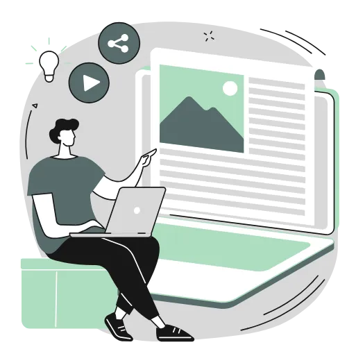 Illustration of a person working on a laptop with media icons, representing customized and tailored business workshop content.