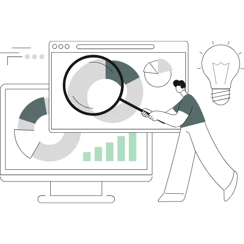 Illustration of a person analyzing data on a computer screen with a lightbulb, symbolizing proven experience and measurable business success.