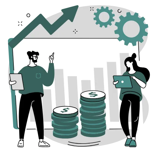 Illustration of two people building brand elements with gears, coins, and graphics, representing confident and effective brand development.