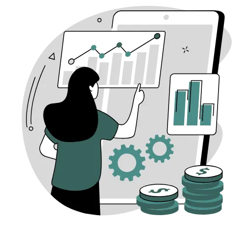 Illustration of a person analyzing growth charts and marketing data to create a consistent business growth strategy.